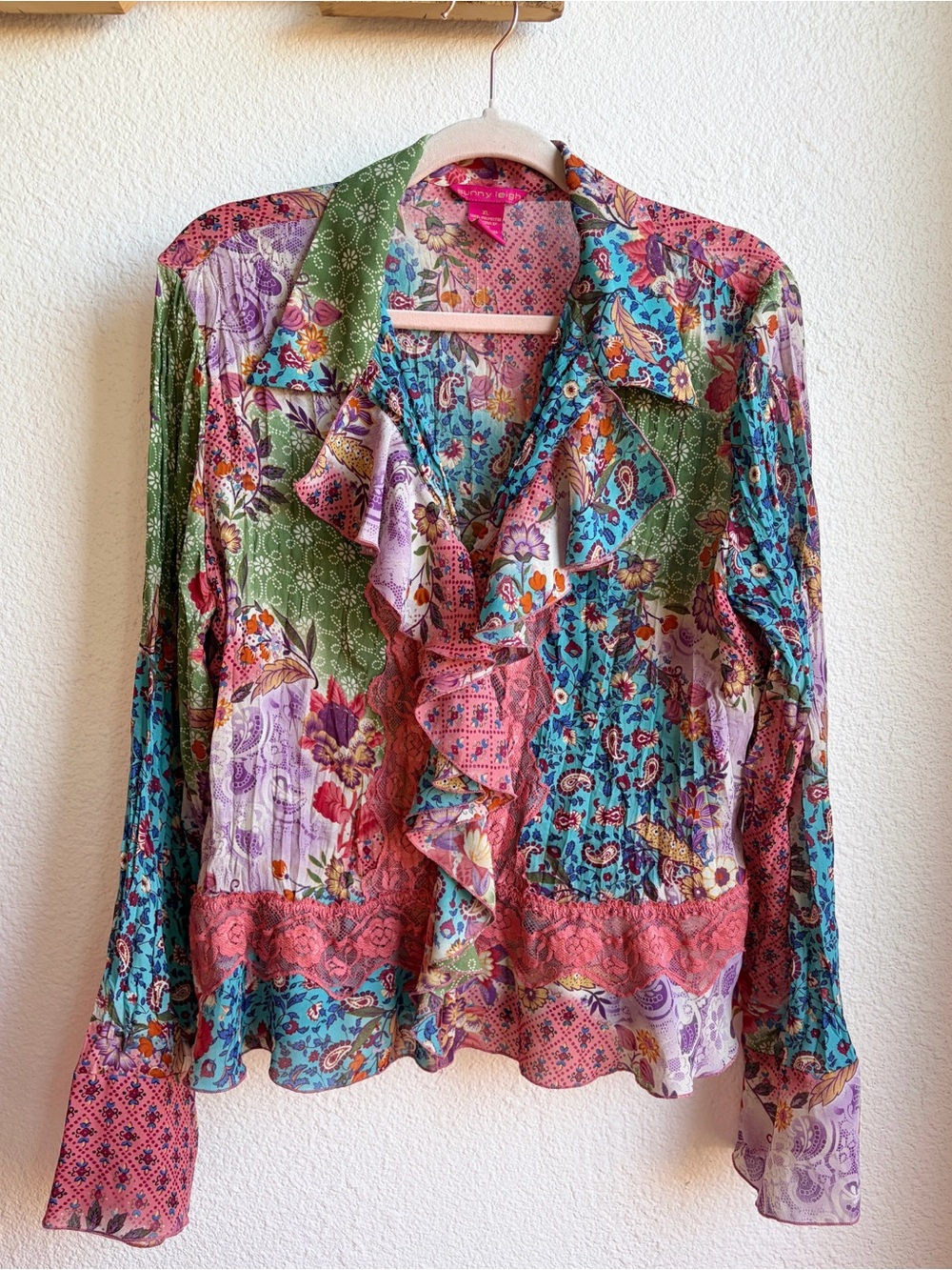 Y2K Patchwork Floral Ruffle Front Blouse XL
